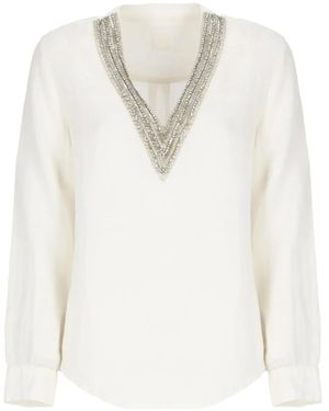 120% Lino Verzierte Bluse mit V-Ausschnitt - Weiß