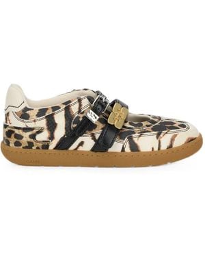 Ganni Animal-Print Buckle Ballet Flats - White