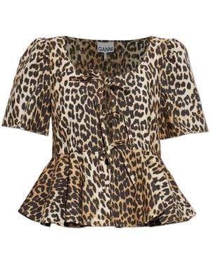 Ganni Leopard-Print Peplum Blouse - White