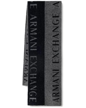 ARMANI EXCHANGE Logo-Intarsia Frayed-Edge Scarf - Black