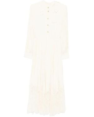 Self-Portrait Floral-Embellished Pleated Lace-Trim Midi Dress - White