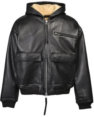 BREATH Zip-Up Hooded Leather Jacket - Black