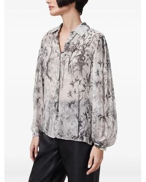 AllSaints Floral-Print Balloon-Sleeve Shirt - Gray