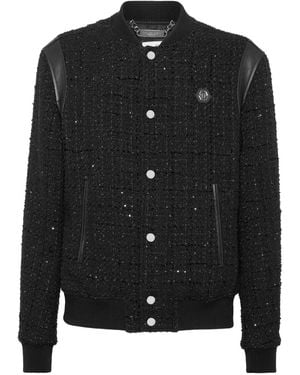 Philipp Plein Sequin-Embellished Leather-Trimmed Bomber Jacket - Black
