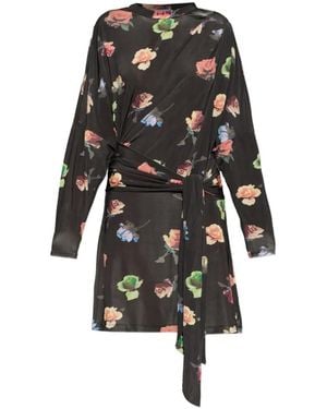 Ganni Floral-Motif Tie-Waist Mini Dress - Black