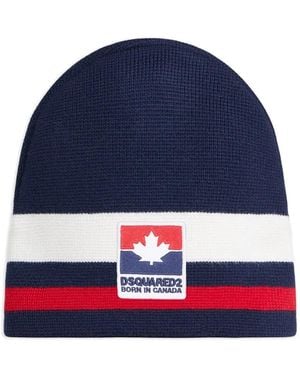 DSquared² Logo-Patch Striped Beanie Hat - Blue