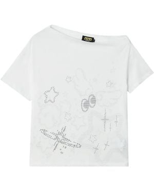 Mini Cream Rhinestone-Embellished Asymmetric-Collar Cotton T-Shirt - White
