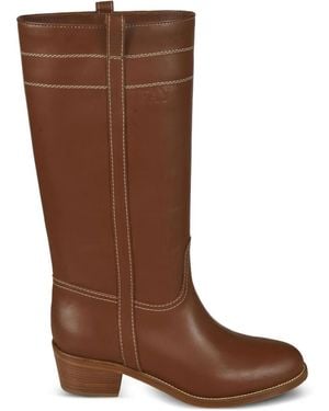 Fay Contrast-Stitch Leather Boots - Brown