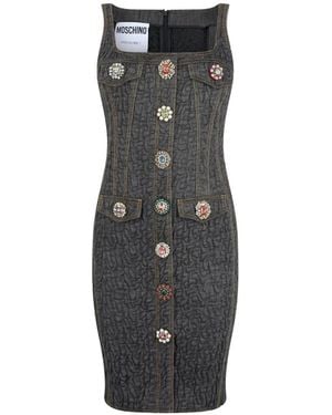 Moschino Crystal-Button Mini Dress - Grey