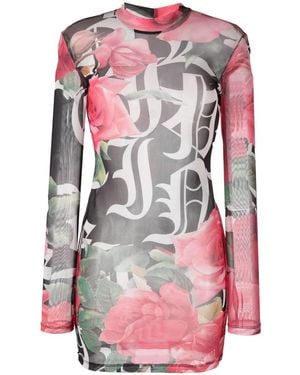 Philipp Plein Logo-Print Semi-Sheer Mini Dress - Pink