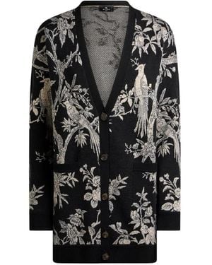 Etro Wool-Blend Jacquard Cardigan With Nature Motif - Black