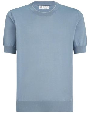 Brunello Cucinelli Cotton Lightweight Knit T-Shirt With Contrast Details - Blue