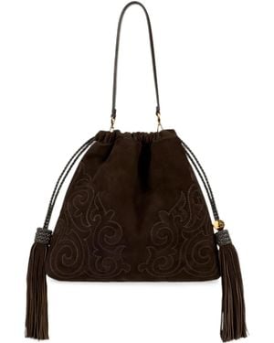 Etro Medium Suede Kalispera Bag With Patch And Tassels - Black