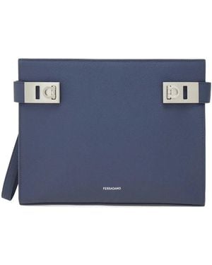 Ferragamo Gancini-Buckle Leather Clutch Bag - Blue