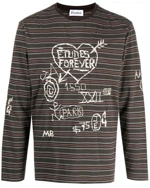 Etudes Studio Graffiti-Embroidered Striped T-Shirt - Grey