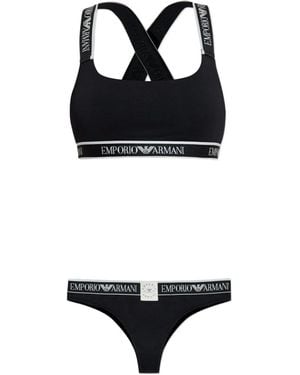 Emporio Armani Cross-Back Logo Bra Set - Black