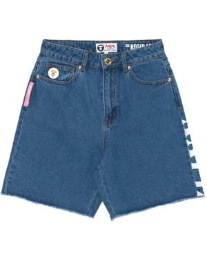 Aape By A Bathing Ape Moonface-Plaque Raw-Edge Denim Shorts - Blue