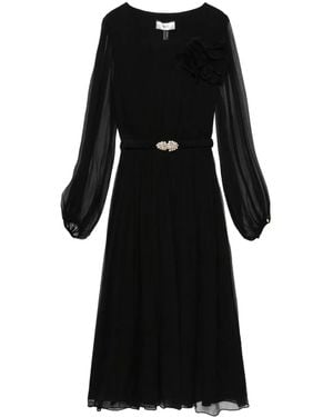 Nissa Floral-Appliqué Belted Midi Dress - Black