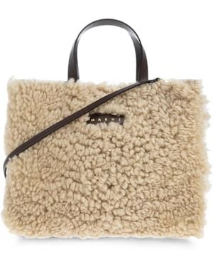 Marni Museo Soft East/West Lamb Fur Tote Bag - Natural