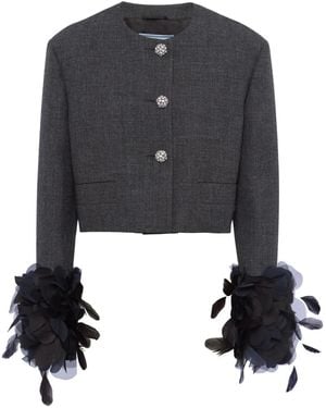 Prada Feather-Trimmed Wool Cropped Jacket - Black