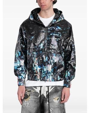 A Bathing Ape Overall-Print Zip-Up Hooded Jacket - Grey
