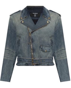 Balmain Belted Biker-Style Denim Jacket - Blue