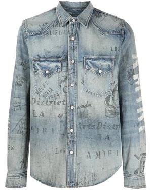 Amiri Distressed Logo Print Denim Shirt - Blue