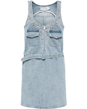 Self-Portrait Abito Corto Denim Con Strass - Blu