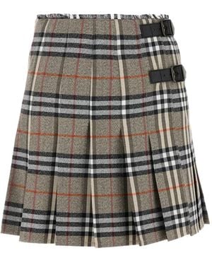 Burberry Check Wool Midi Kilt Skirt - Grey