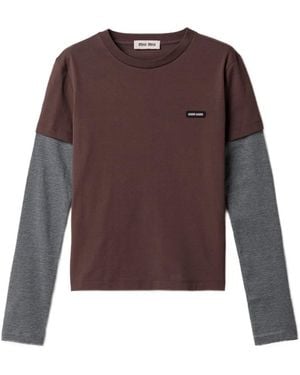 Miu Miu Striped-Sleeve Logo-Patch T-Shirt - Purple