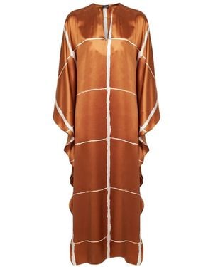 Kiton Tan And Printed Silk Satin Long Kaftan Dress - Orange