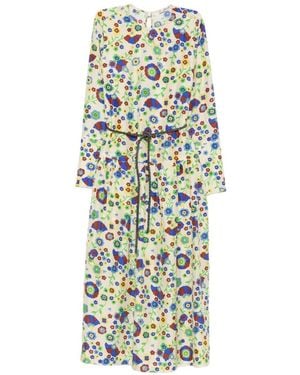 ODEEH Floral-Print Belted Midi Dress - White