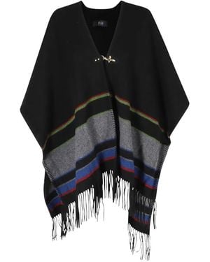 Fay Gestreiftes Cape Mit Fransen - Schwarz