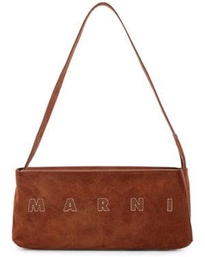 Marni Museo Logo-Embroidered Suede Shoulder Bag - Brown