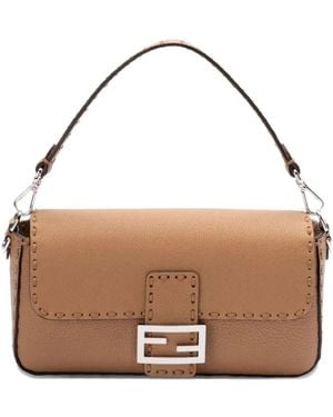 Fendi Small Baguette Stitched Leather Shoulder Bag - Brown