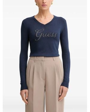 Guess Crystal-Embellished Logo-Print Jumper - Blue
