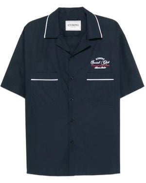 Iceberg Logo-Embroidered Piping-Detail Shirt - Blue
