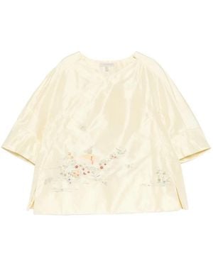 Shiatzy Chen Silk Satin Embroidered Top - Natural