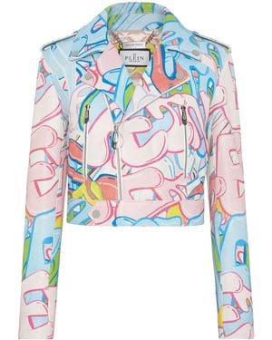 Philipp Plein Graffiti-Logo Cropped Leather Biker Jacket - Blue
