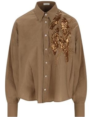 Brunello Cucinelli Techno Cotton Poplin Shirt With Dazzling Seabed Embroidery - Brown