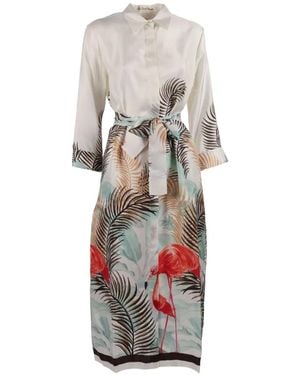 Le Sarte Pettegole Flamingo-Print Belted Shirt Dress - White