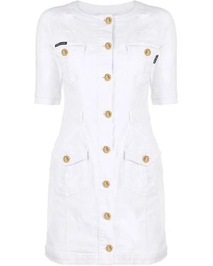 Philipp Plein Embossed-Button Detail Denim Dress - White