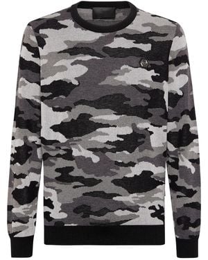 Philipp Plein Merino Wool Pullover Round Neck Ls Camouflage - Grey