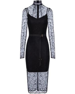 Murmur Mist Lace Belted Midi Dress - Black