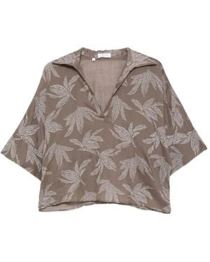 Barba Napoli Leaf-Print Blouse - Brown