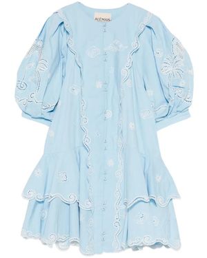 ALÉMAIS Maizy Embroidered Puff-Sleeves Mini Dress - Blue