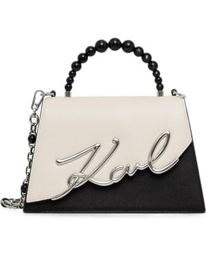 KARL LAGERFELD Logo-Plaque Beaded-Handle Tote Bag - White