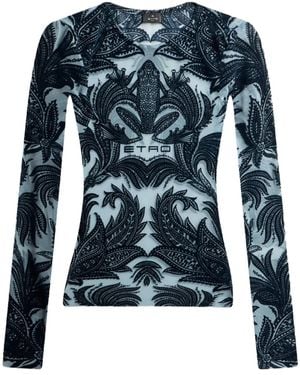Etro Frog Motif Flocked Tulle Top - Blue