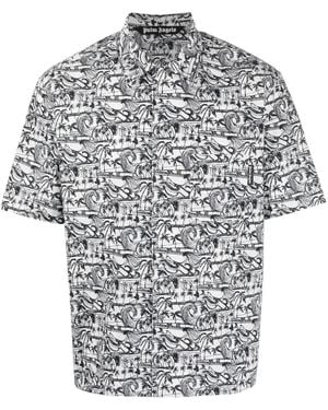 Palm Angels Waves-Print Bowling Shirt - Grey