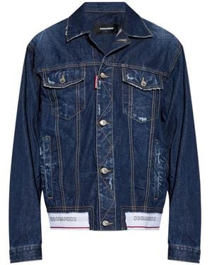 DSquared² Distressed Logo-Trim Denim Jacket - Blue